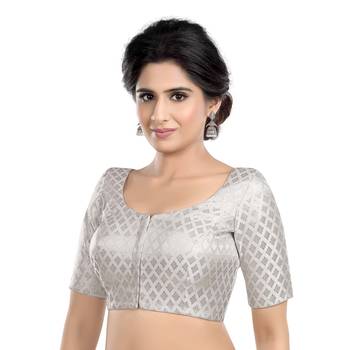 Neckbook Brocade Silver Elbow Sleeves Round Neck Princess Cut Padded Readymade Saree Blouse 2