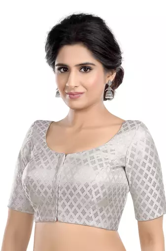 Neckbook Brocade Silver Elbow Sleeves Round Neck Princess Cut Padded Readymade Saree Blouse