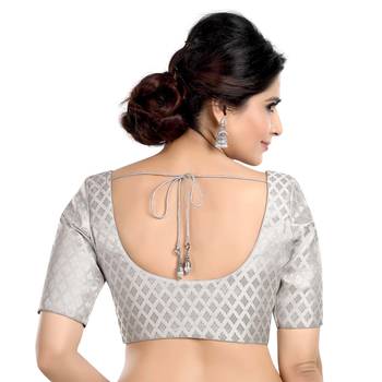 Neckbook Brocade Silver Elbow Sleeves Round Neck Princess Cut Padded Readymade Saree Blouse 3