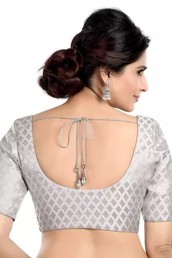 Neckbook Brocade Silver Elbow Sleeves Round Neck Princess Cut Padded Readymade Saree Blouse