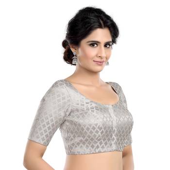 Neckbook Brocade Silver Elbow Sleeves Round Neck Princess Cut Padded Readymade Saree Blouse 4