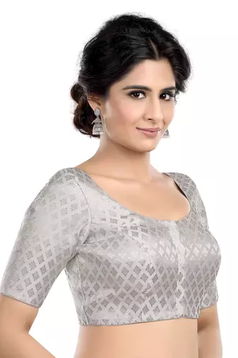 Neckbook Brocade Silver Elbow Sleeves Round Neck Princess Cut Padded Readymade Saree Blouse