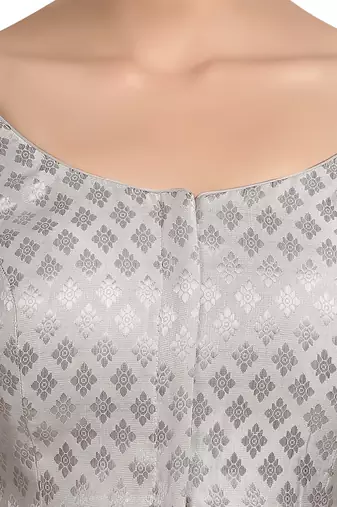 Neckbook Brocade Silver Elbow Sleeves Round Neck Princess Cut Padded Readymade Saree Blouse
