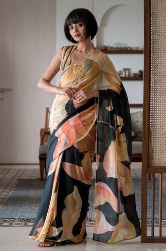 Suta black floral pure cotton printed printed saree