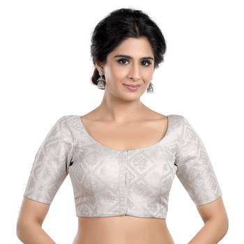 Neckbook Silver Banarasi Brocade Short Sleeves Princess Cut Padded Readymade Saree Blouse 1