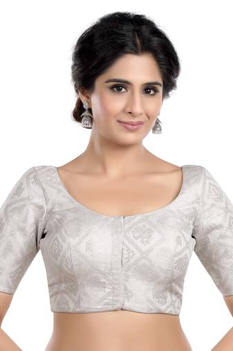 Neckbook Silver Banarasi Brocade Short Sleeves Princess Cut Padded Readymade Saree Blouse