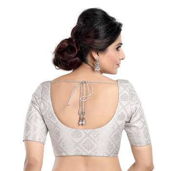Neckbook Silver Banarasi Brocade Short Sleeves Princess Cut Padded Readymade Saree Blouse 2