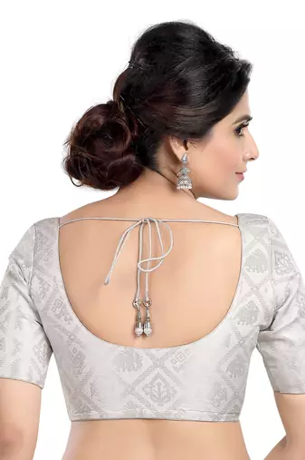 Neckbook Silver Banarasi Brocade Short Sleeves Princess Cut Padded Readymade Saree Blouse