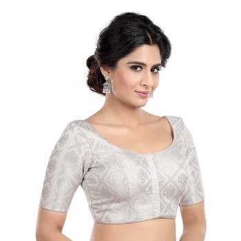 Neckbook Silver Banarasi Brocade Short Sleeves Princess Cut Padded Readymade Saree Blouse 3