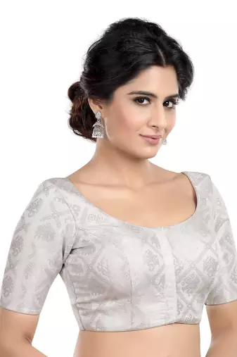 Neckbook Silver Banarasi Brocade Short Sleeves Princess Cut Padded Readymade Saree Blouse