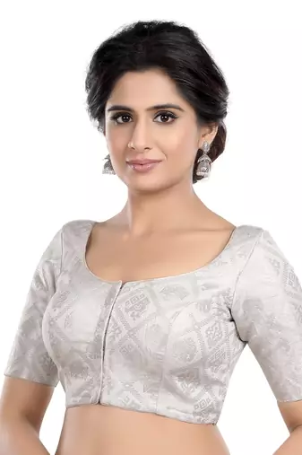 Neckbook Silver Banarasi Brocade Short Sleeves Princess Cut Padded Readymade Saree Blouse