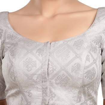 Neckbook Silver Banarasi Brocade Short Sleeves Princess Cut Padded Readymade Saree Blouse 5