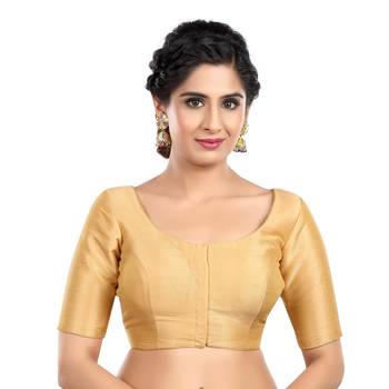 Black Kora Silk Elbow Sleeves Round Neck Princess Cut Padded Readymade Saree Blouse 1
