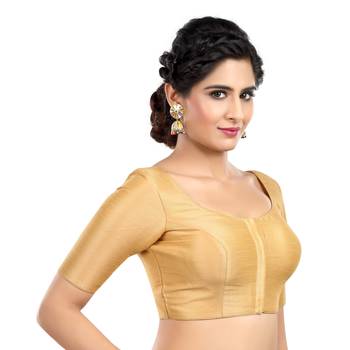 Black Kora Silk Elbow Sleeves Round Neck Princess Cut Padded Readymade Saree Blouse 2