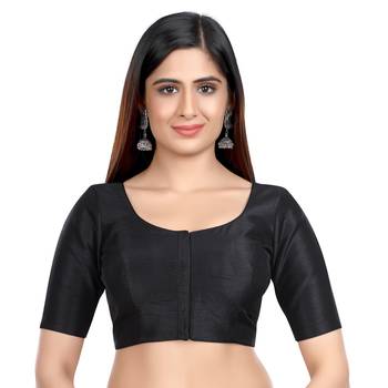 Black Kora Silk Elbow Sleeves Round Neck Princess Cut Padded Readymade Saree Blouse 1