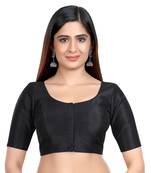Black Kora Silk Elbow Sleeves Round Neck Princess Cut Padded Readymade Saree Blouse