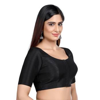 Black Kora Silk Elbow Sleeves Round Neck Princess Cut Padded Readymade Saree Blouse 2