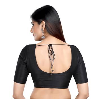 Black Kora Silk Elbow Sleeves Round Neck Princess Cut Padded Readymade Saree Blouse 3