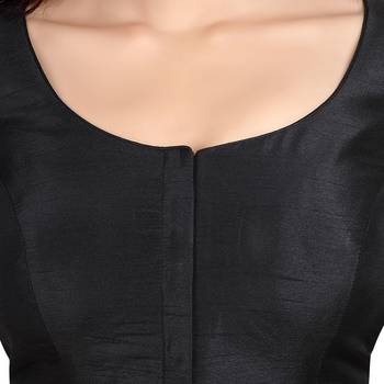 Black Kora Silk Elbow Sleeves Round Neck Princess Cut Padded Readymade Saree Blouse 4