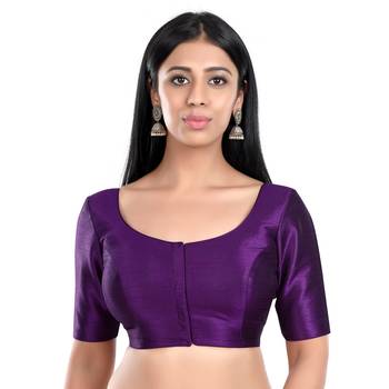 Purple Kora Silk Elbow Sleeves Round Neck Princess Cut Padded Readymade Saree Blouse 1