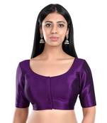 Purple Kora Silk Elbow Sleeves Round Neck Princess Cut Padded Readymade Saree Blouse