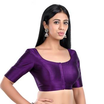 Purple Kora Silk Elbow Sleeves Round Neck Princess Cut Padded Readymade Saree Blouse 2