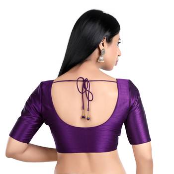 Purple Kora Silk Elbow Sleeves Round Neck Princess Cut Padded Readymade Saree Blouse 3