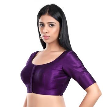 Purple Kora Silk Elbow Sleeves Round Neck Princess Cut Padded Readymade Saree Blouse 4