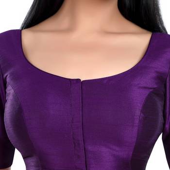 Purple Kora Silk Elbow Sleeves Round Neck Princess Cut Padded Readymade Saree Blouse 5