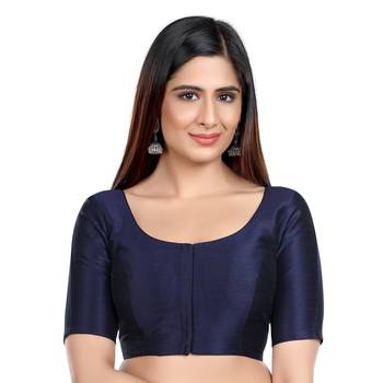 Navy Blue Kora Silk Elbow Sleeves Round Neck Princess Cut Padded Readymade Saree Blouse 1