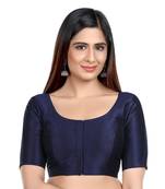 Navy Blue Kora Silk Elbow Sleeves Round Neck Princess Cut Padded Readymade Saree Blouse
