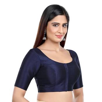 Navy Blue Kora Silk Elbow Sleeves Round Neck Princess Cut Padded Readymade Saree Blouse 2