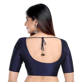 Navy Blue Kora Silk Elbow Sleeves Round Neck Princess Cut Padded Readymade Saree Blouse 3