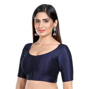 Navy Blue Kora Silk Elbow Sleeves Round Neck Princess Cut Padded Readymade Saree Blouse 4