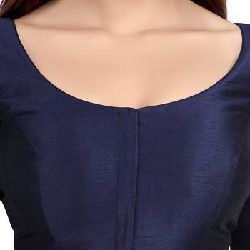 Navy Blue Kora Silk Elbow Sleeves Round Neck Princess Cut Padded Readymade Saree Blouse 5