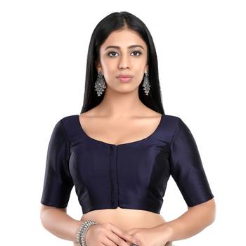 Navy Blue Banglori Silk Elbow Sleeves Princess Cut Padded Readymade Saree Blouse 1
