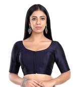 Navy Blue Banglori Silk Elbow Sleeves Princess Cut Padded Readymade Saree Blouse