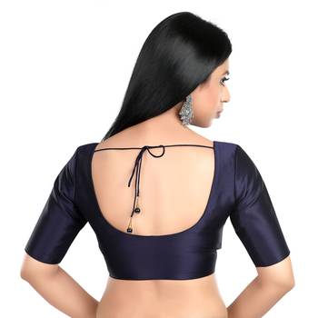 Navy Blue Banglori Silk Elbow Sleeves Princess Cut Padded Readymade Saree Blouse 3