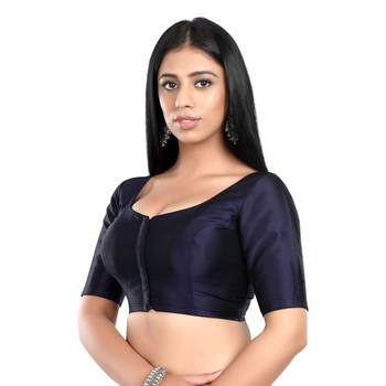 Navy Blue Banglori Silk Elbow Sleeves Princess Cut Padded Readymade Saree Blouse 4