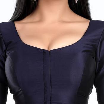 Navy Blue Banglori Silk Elbow Sleeves Princess Cut Padded Readymade Saree Blouse 5