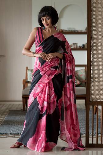 Suta black floral pure cotton printed printed saree