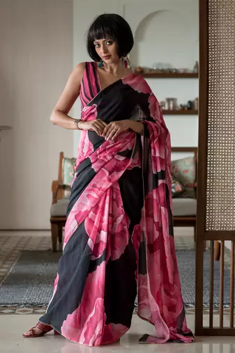 Suta black floral pure cotton printed printed saree