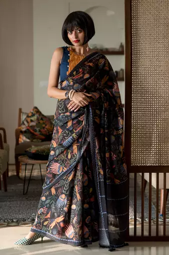 Suta black floral pure cotton printed printed saree