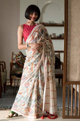 Suta beige floral pure cotton printed printed saree