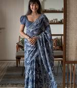 Suta blue abstract pure cotton printed printed saree