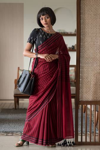 Suta maroon woven design pure cotton striped woven saree