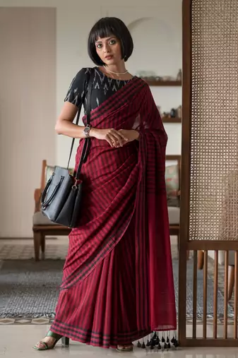 Suta maroon woven design pure cotton striped woven saree