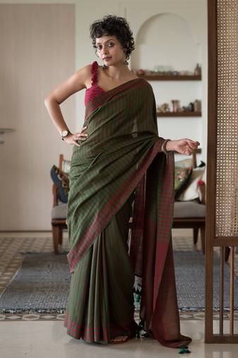 Suta maroon woven design pure cotton striped woven saree