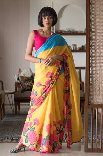 Suta yellow printed cotton printed saree