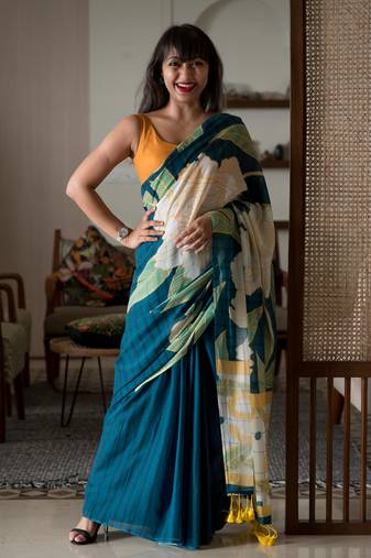 Suta Teal Printed Cotton Printed Saree Without Blouse